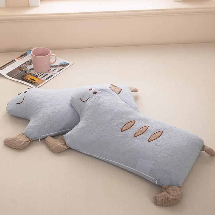 91家纺网 家纺一手货源 找家纺 梦莱家纺 2026新款呼呼猪水洗棉麻荞麦枕 呼呼猪-蓝