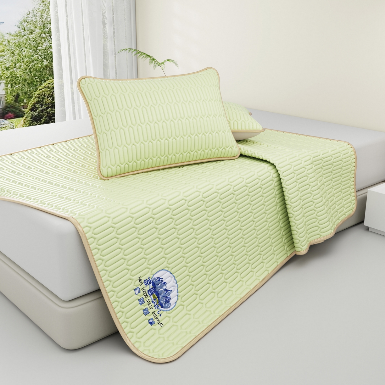 91家纺网 家纺一手货源 找家纺 奇丝雅 2026新款夏季A类乳胶凉席冰丝席纯色家用双人冰丝凉席席子-大床 富士山-果绿