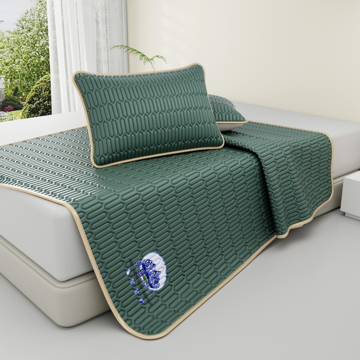 91家纺网 家纺一手货源 找家纺 奇丝雅 2026新款夏季A类乳胶凉席冰丝席纯色家用双人冰丝凉席席子-大床 富士山-墨绿