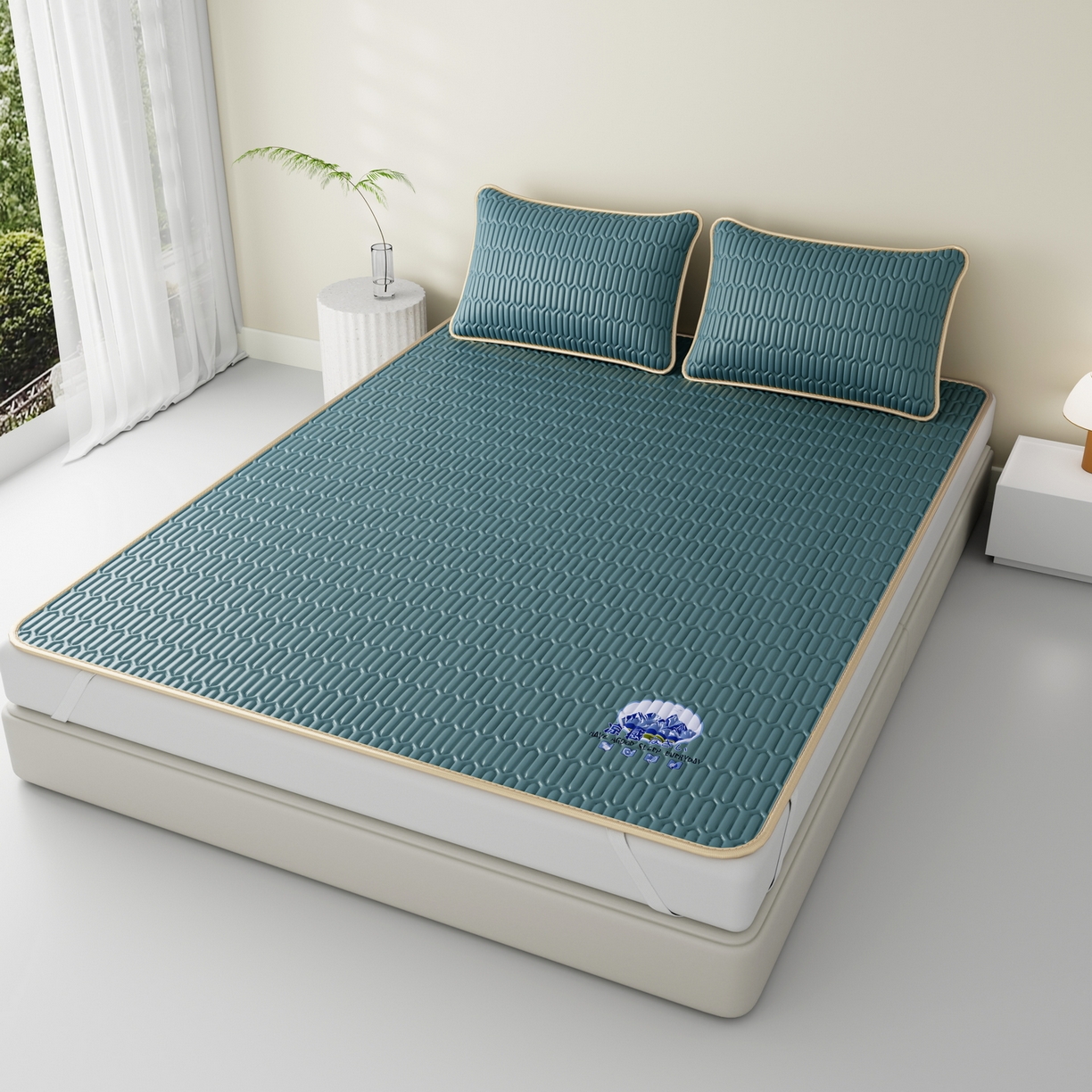 91家纺网 家纺一手货源 找家纺 奇丝雅 2026新款夏季A类乳胶凉席冰丝席纯色家用双人冰丝凉席席子-大床 富士山-典雅蓝