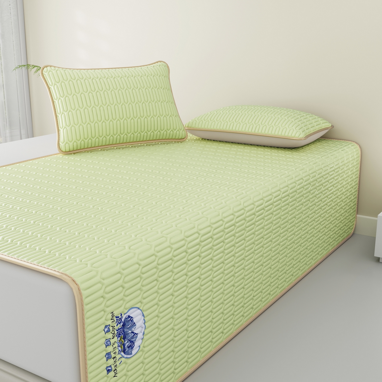 91家纺网 家纺一手货源 找家纺 奇丝雅 2026新款夏季A类乳胶凉席冰丝席纯色家用双人冰丝凉席席子-大床 富士山-果绿