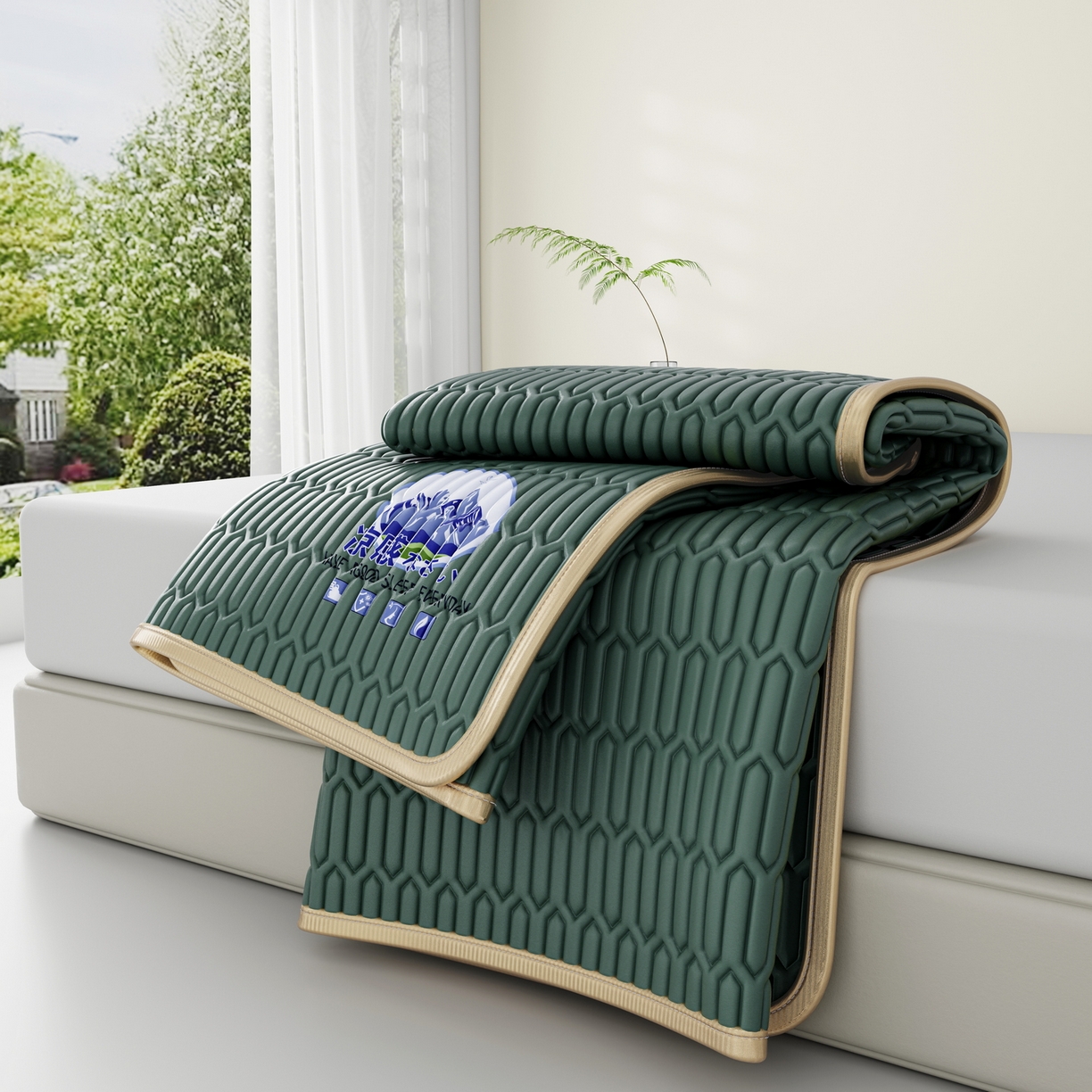 91家纺网 家纺一手货源 找家纺 奇丝雅 2026新款夏季A类乳胶凉席冰丝席纯色家用双人冰丝凉席席子-大床 富士山-墨绿