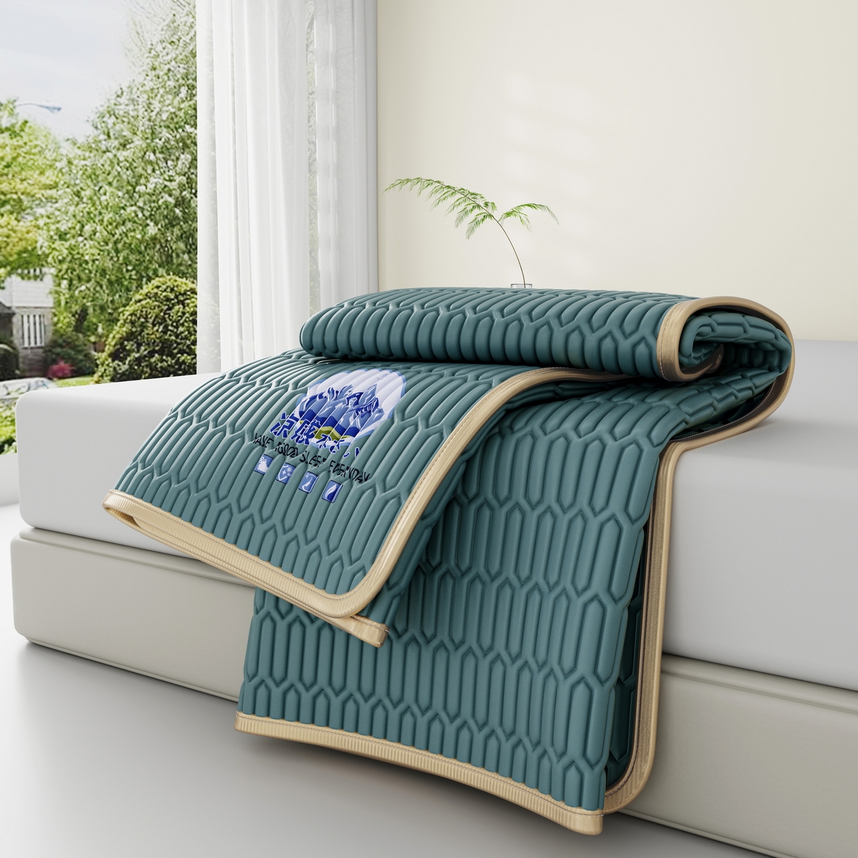 91家纺网 家纺一手货源 找家纺 奇丝雅 2026新款夏季A类乳胶凉席冰丝席纯色家用双人冰丝凉席席子-大床 富士山-典雅蓝