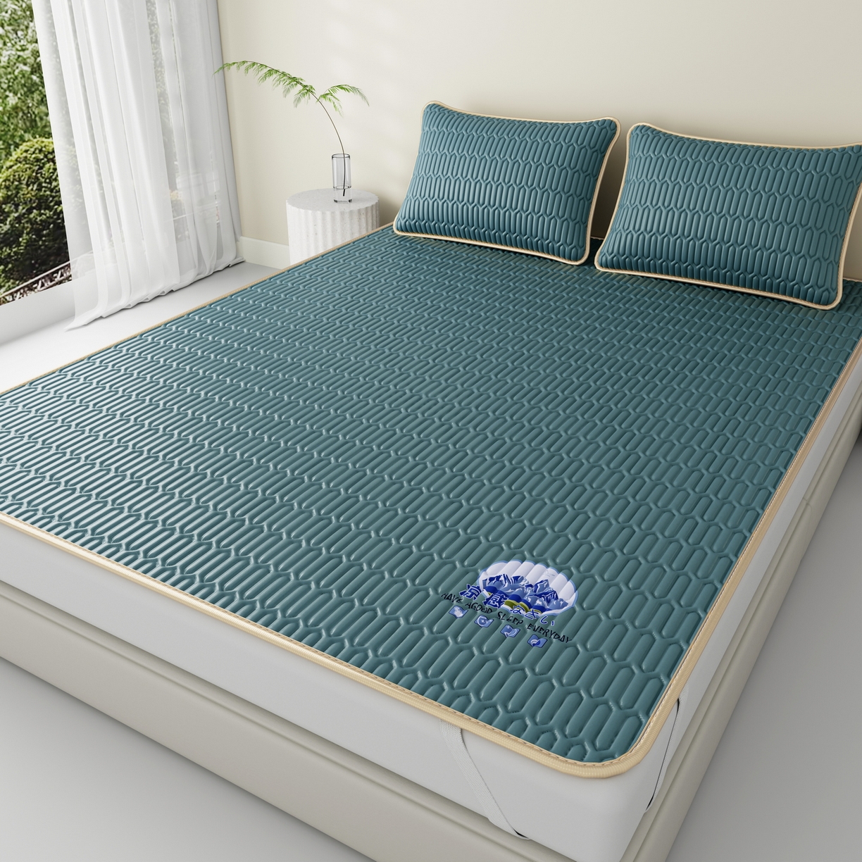 91家纺网 家纺一手货源 找家纺 奇丝雅 2026新款夏季A类乳胶凉席冰丝席纯色家用双人冰丝凉席席子-大床 富士山-典雅蓝