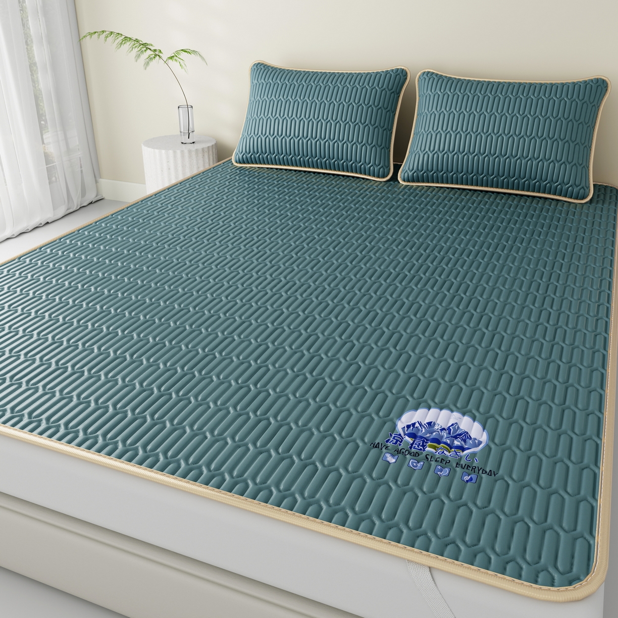 91家纺网 家纺一手货源 找家纺 奇丝雅 2026新款夏季A类乳胶凉席冰丝席纯色家用双人冰丝凉席席子-大床 富士山-典雅蓝