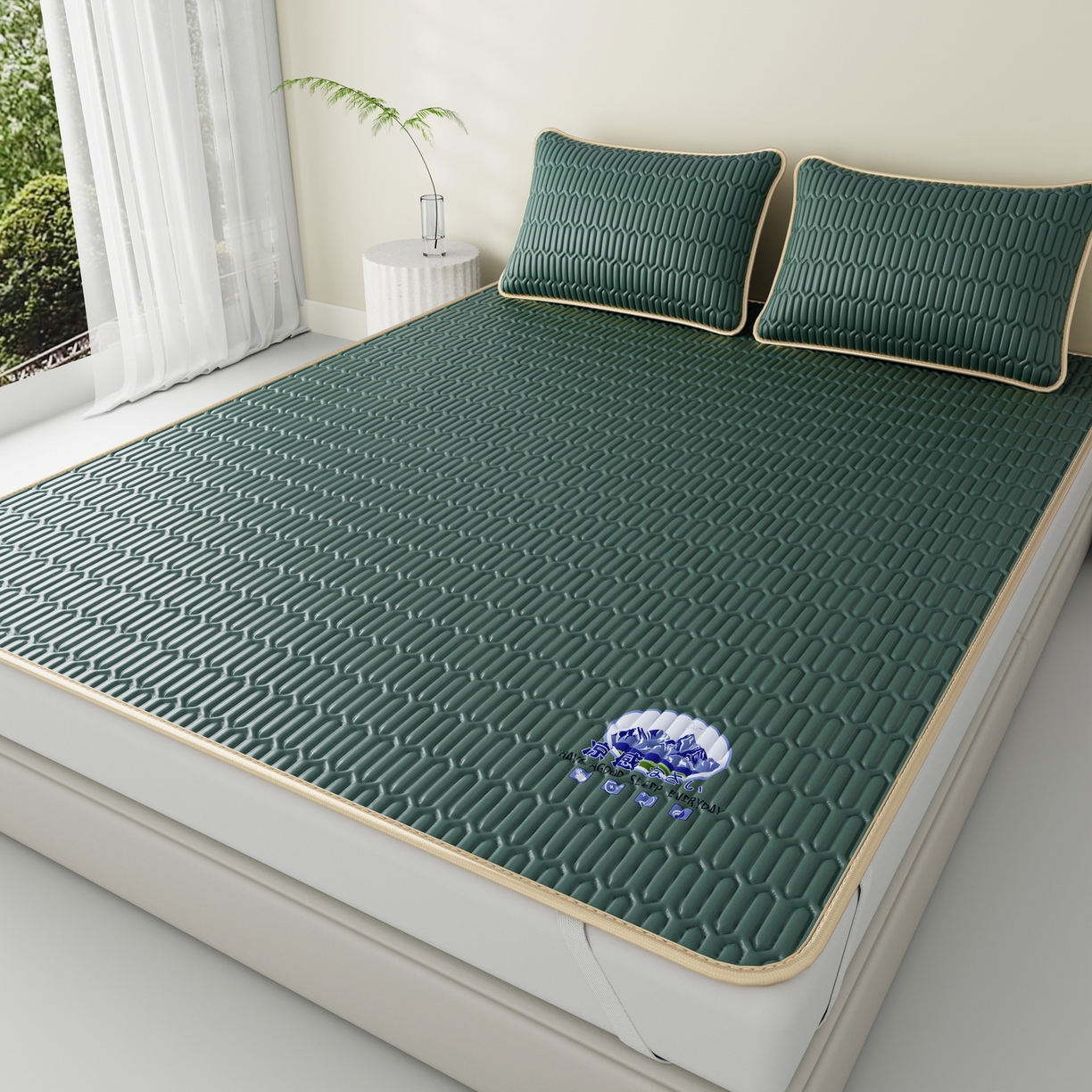 91家纺网 家纺一手货源 找家纺 奇丝雅 2026新款夏季A类乳胶凉席冰丝席纯色家用双人冰丝凉席席子-大床 富士山-墨绿