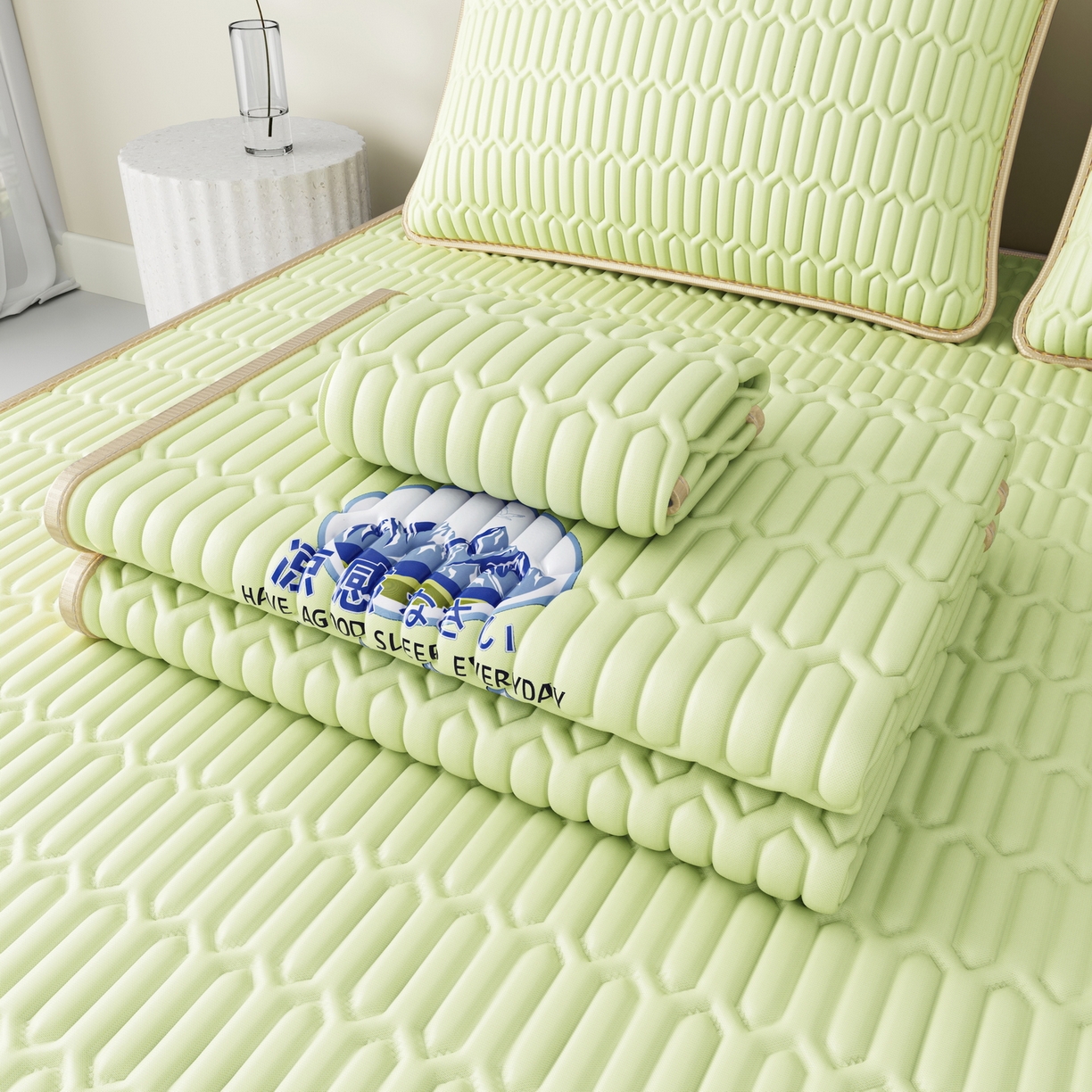 91家纺网 家纺一手货源 找家纺 奇丝雅 2026新款夏季A类乳胶凉席冰丝席纯色家用双人冰丝凉席席子-大床 富士山-果绿