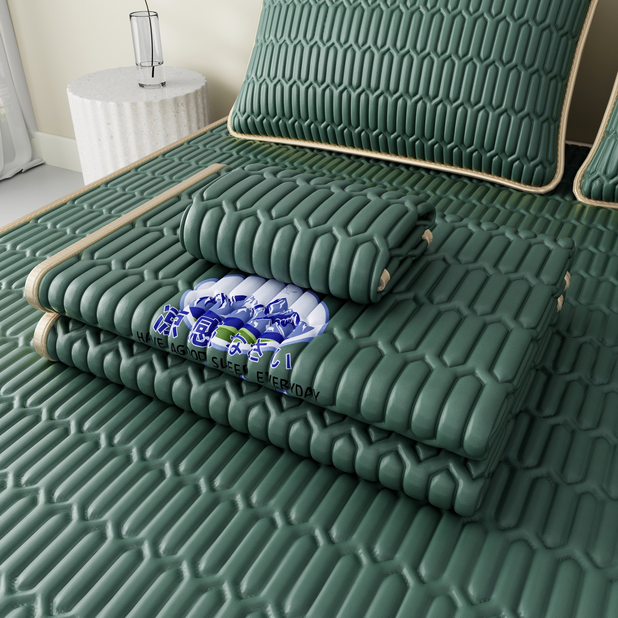 91家纺网 家纺一手货源 找家纺 奇丝雅 2026新款夏季A类乳胶凉席冰丝席纯色家用双人冰丝凉席席子-大床 富士山-墨绿