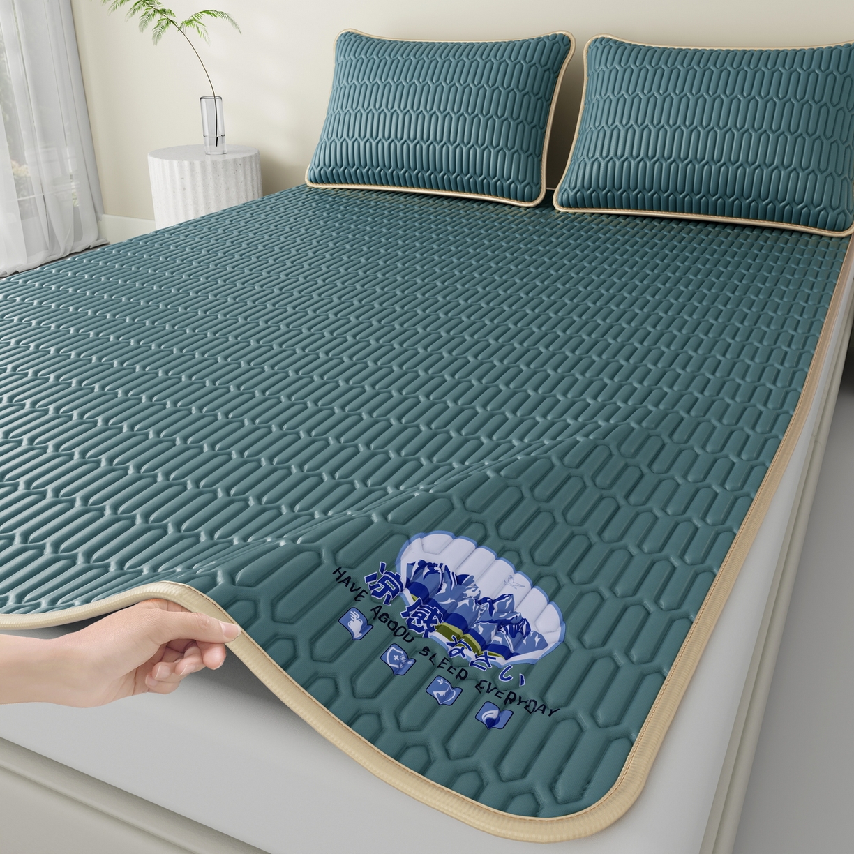 91家纺网 家纺一手货源 找家纺 奇丝雅 2026新款夏季A类乳胶凉席冰丝席纯色家用双人冰丝凉席席子-大床 富士山-典雅蓝