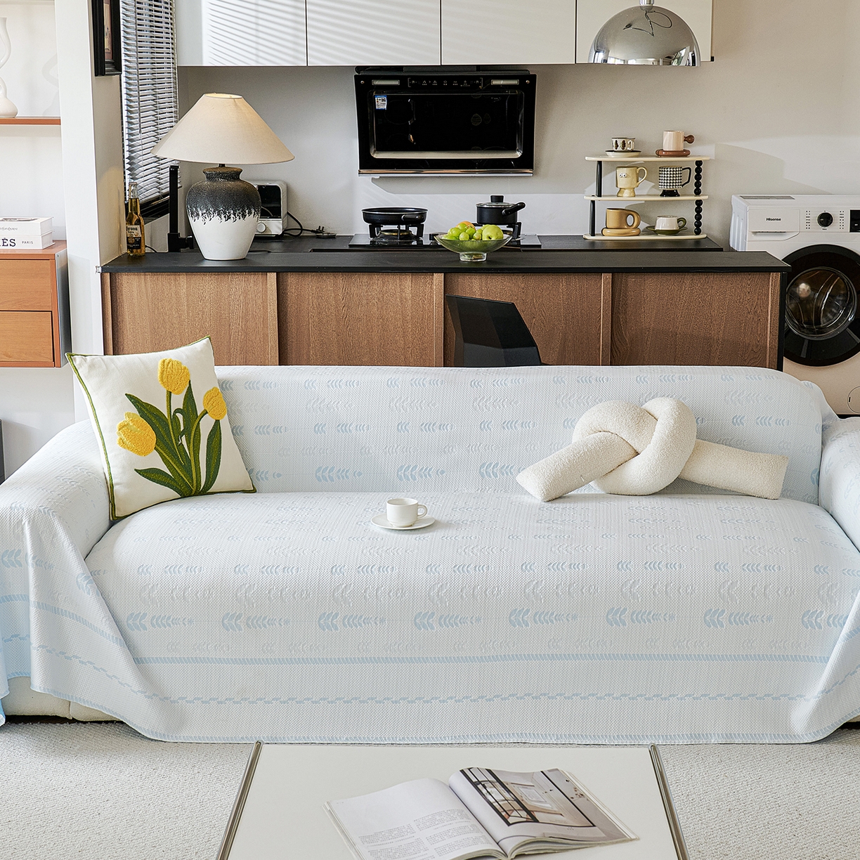 91家纺网 家纺一手货源 找家纺 卡初家居（原微来） 2026新款PE凉感冰丝沙发盖毯沙发巾系列 木槿-蓝