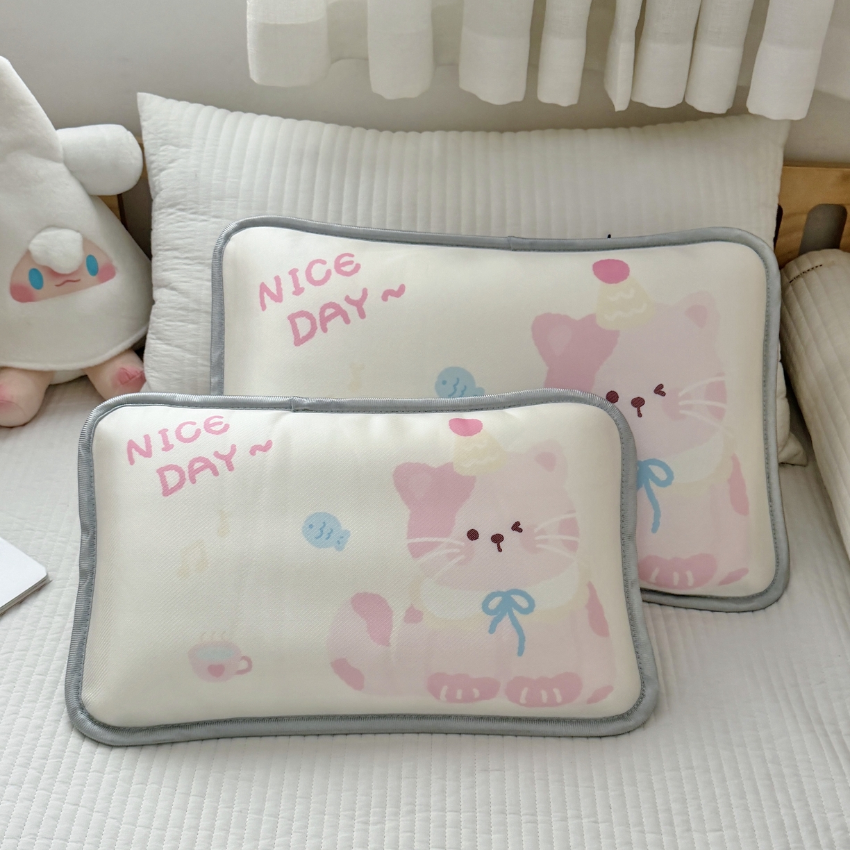 91家纺网 家纺一手货源 找家纺 萌宝家纺 2026新款夏季凉感儿童冰丝枕套双面冰藤枕枕头枕芯 小猫咪