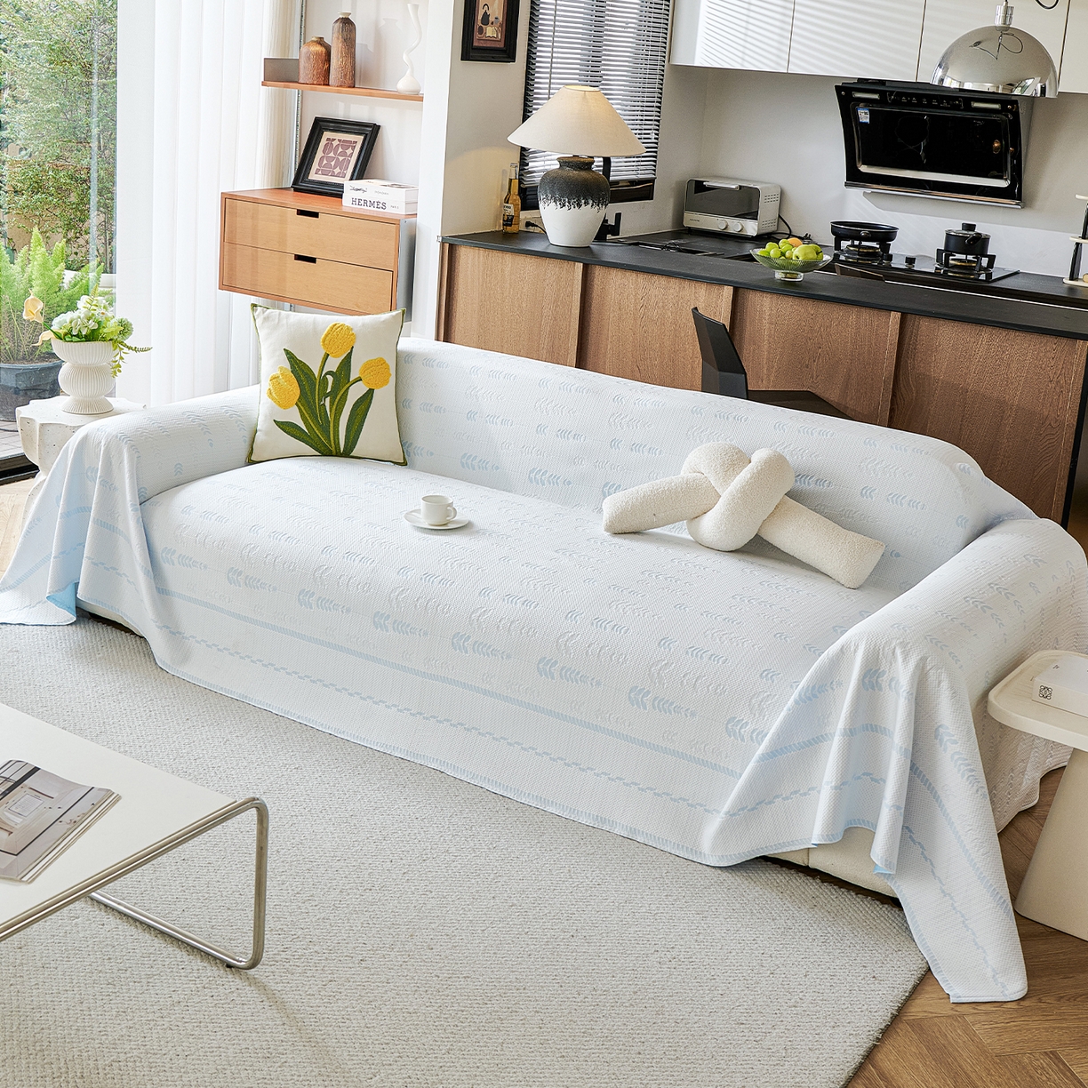 91家纺网 家纺一手货源 找家纺 卡初家居（原微来） 2026新款PE凉感冰丝沙发盖毯沙发巾系列 木槿-蓝