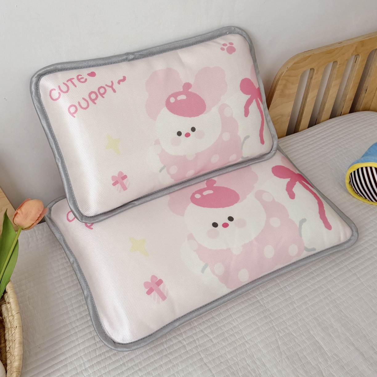 萌宝家纺 2026新款夏季凉感儿童冰丝枕套双面冰藤枕枕头枕芯 小狗-粉色