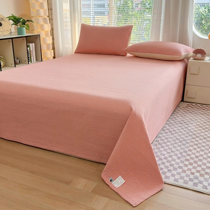 91家纺网 家纺一手货源 找家纺 梦精灵家纺 2026新款全棉床盖单件色织水洗棉绗缝夹棉床单 四季通用榻米防滑学生宿舍单人被套枕套 桔红