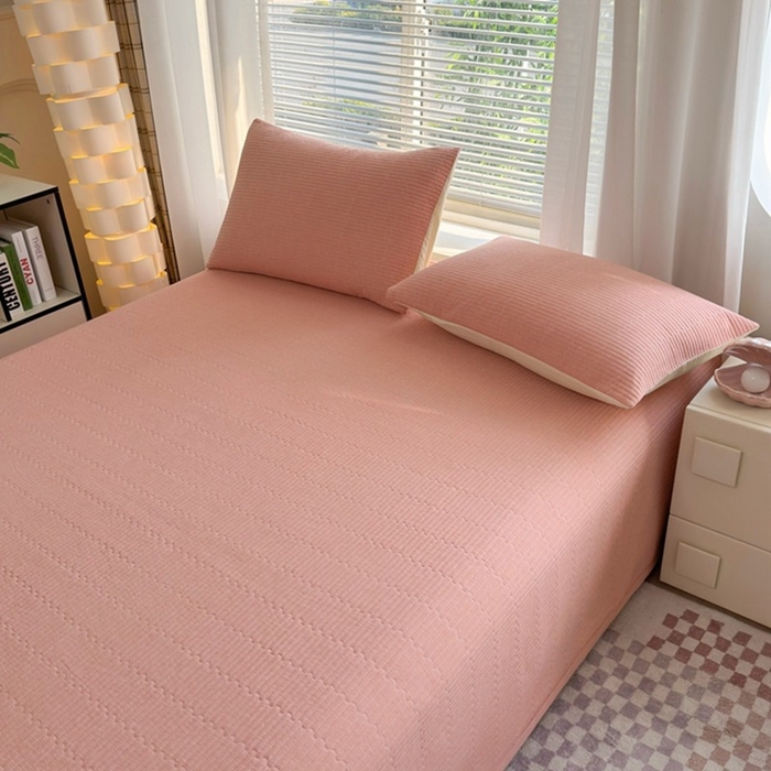 91家纺网 家纺一手货源 找家纺 梦精灵家纺 2026新款全棉床盖单件色织水洗棉绗缝夹棉床单 四季通用榻米防滑学生宿舍单人被套枕套 桔红