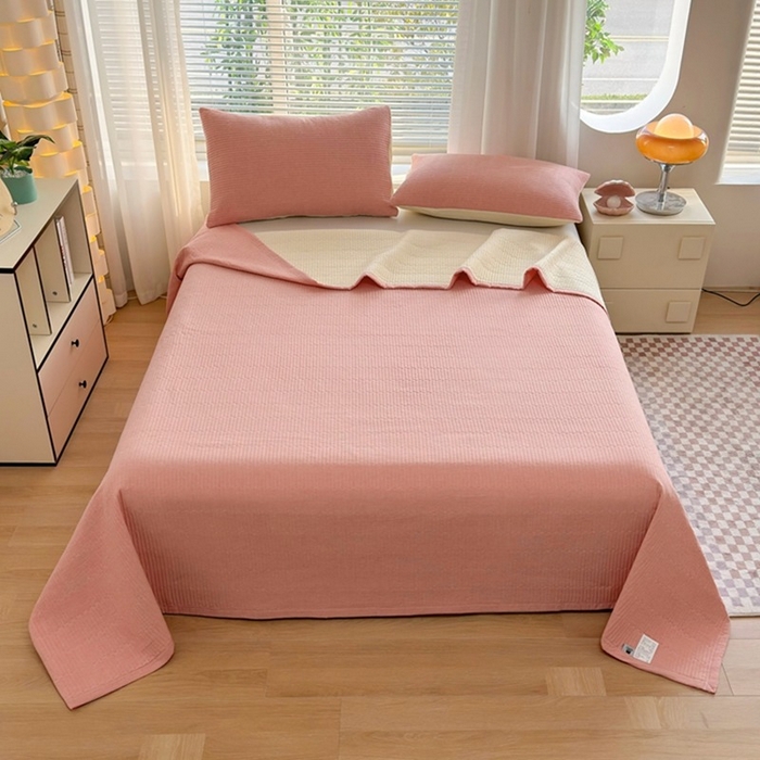 91家纺网 家纺一手货源 找家纺 梦精灵家纺 2026新款全棉床盖单件色织水洗棉绗缝夹棉床单 四季通用榻米防滑学生宿舍单人被套枕套 桔红