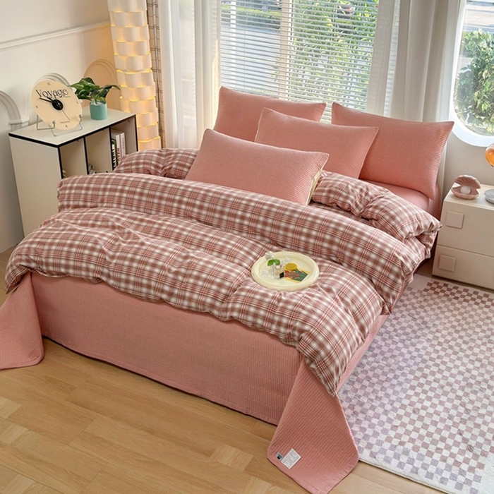 91家纺网 家纺一手货源 找家纺 梦精灵家纺 2026新款全棉床盖单件色织水洗棉绗缝夹棉床单 四季通用榻米防滑学生宿舍单人被套枕套 桔红