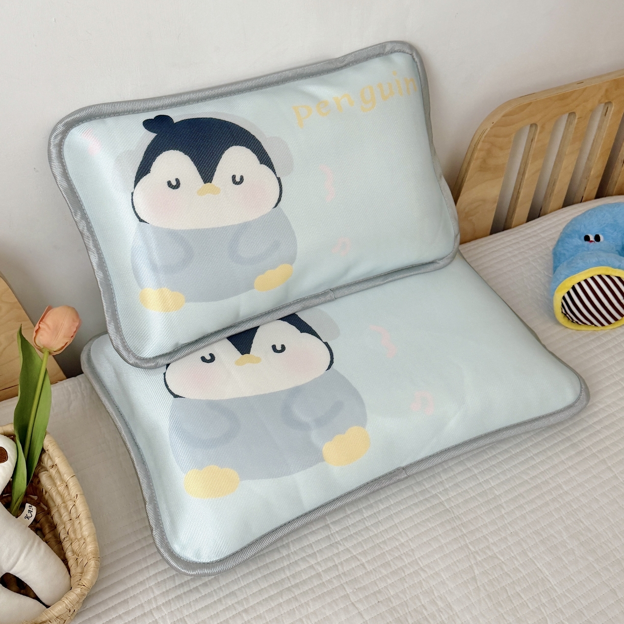 91家纺网 家纺一手货源 找家纺 萌宝家纺 2026新款夏季凉感儿童冰丝枕套双面冰藤枕枕头枕芯 音乐企鹅