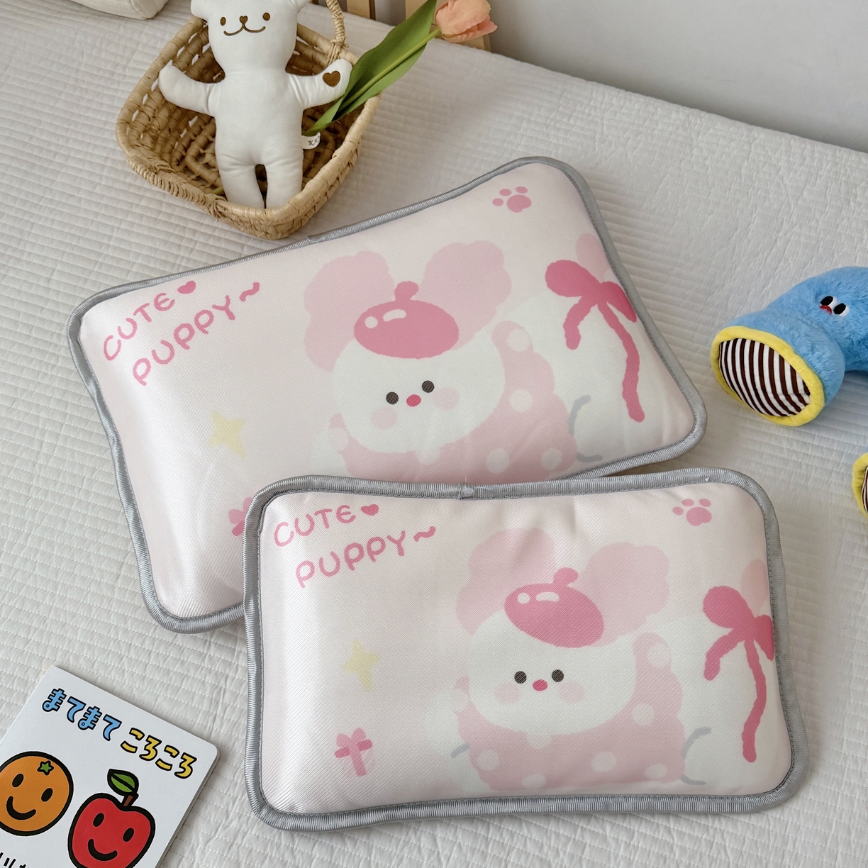 91家纺网 家纺一手货源 找家纺 萌宝家纺 2026新款夏季凉感儿童冰丝枕套双面冰藤枕枕头枕芯 小狗-粉色