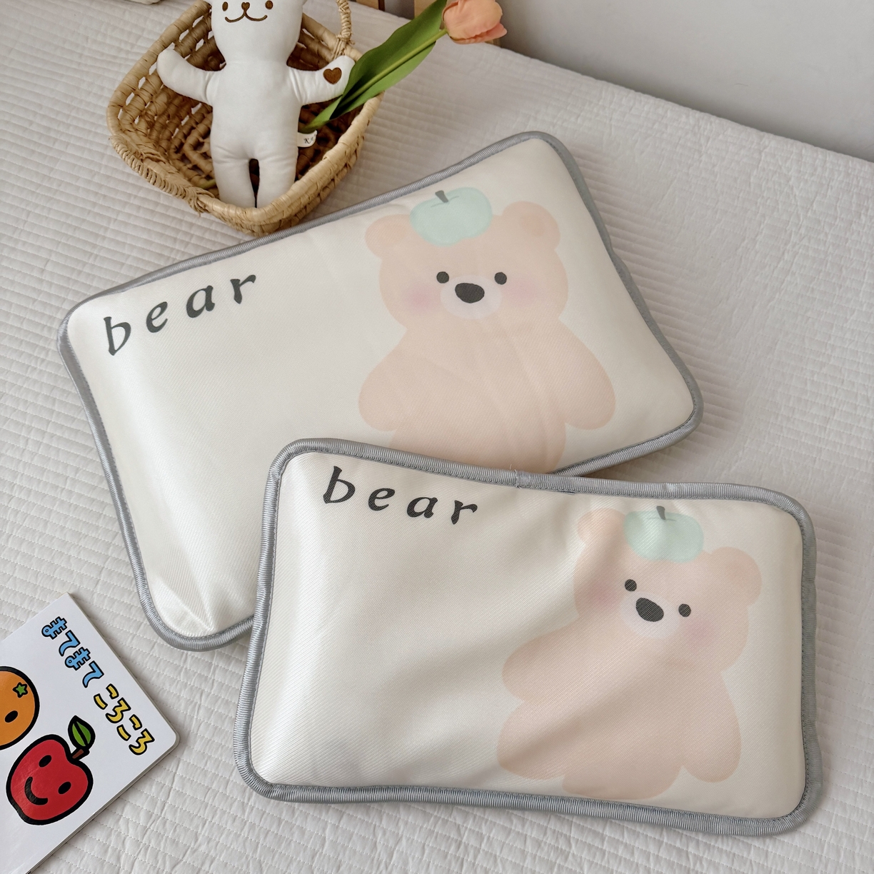 91家纺网 家纺一手货源 找家纺 萌宝家纺 2026新款夏季凉感儿童冰丝枕套双面冰藤枕枕头枕芯 小熊