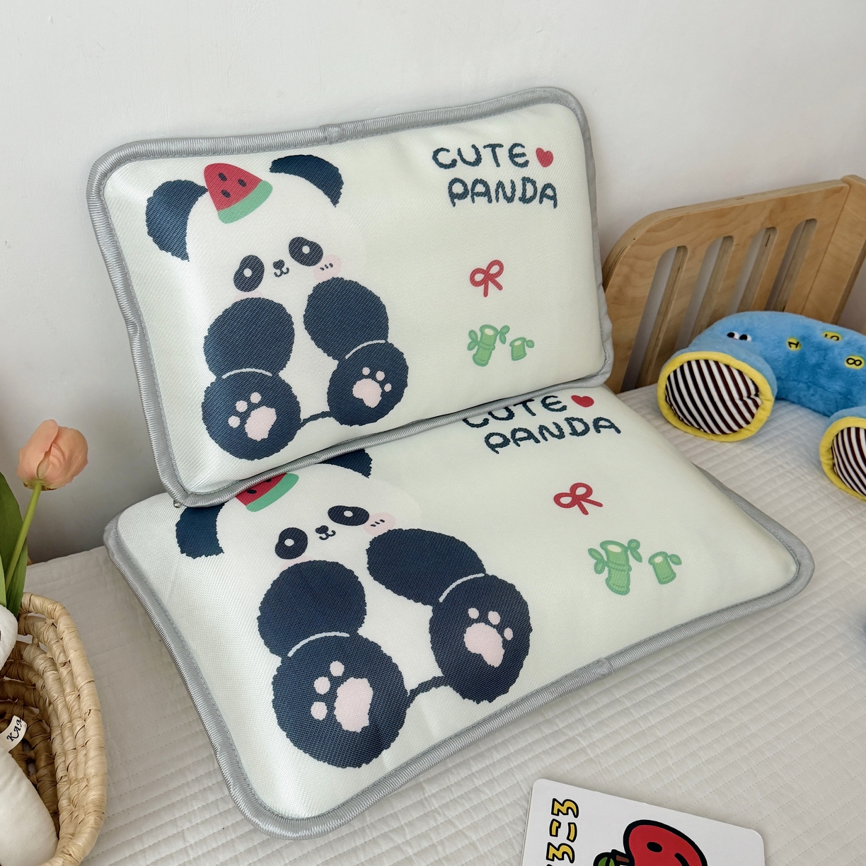 萌宝家纺 2026新款夏季凉感儿童冰丝枕套双面冰藤枕枕头枕芯 小熊猫