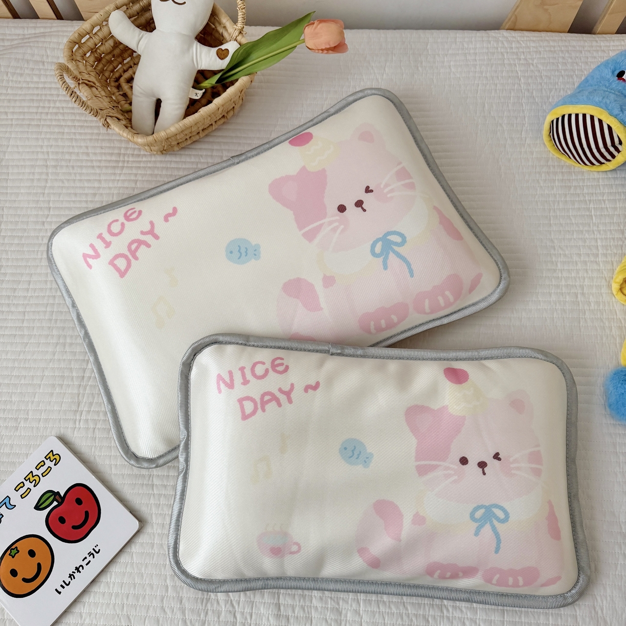 91家纺网 家纺一手货源 找家纺 萌宝家纺 2026新款夏季凉感儿童冰丝枕套双面冰藤枕枕头枕芯 小猫咪