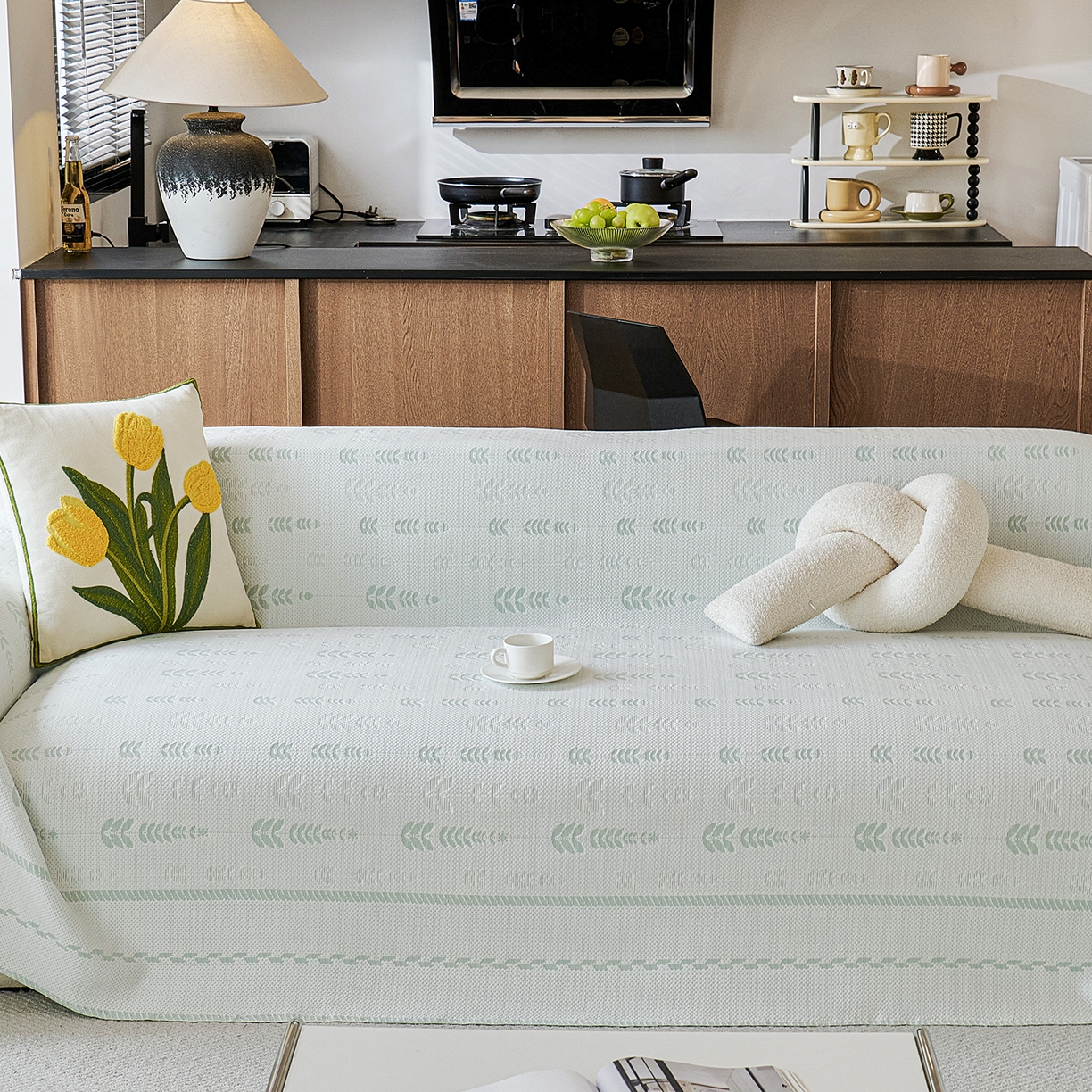 91家纺网 家纺一手货源 找家纺 卡初家居（原微来） 2026新款PE凉感冰丝沙发盖毯沙发巾系列 木槿-绿