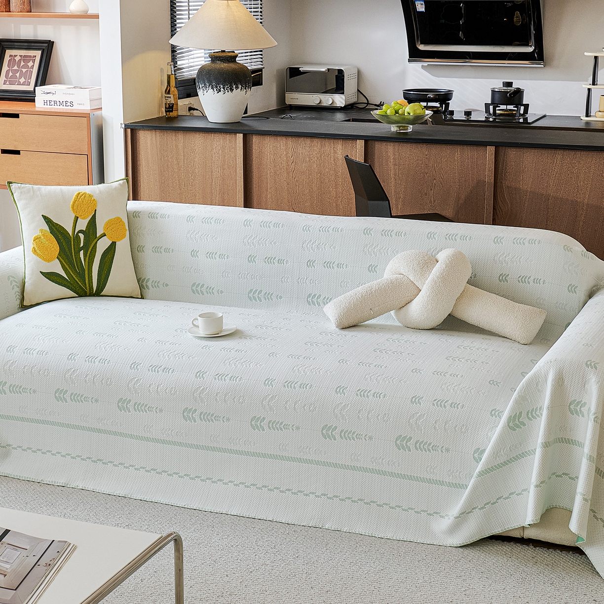 91家纺网 家纺一手货源 找家纺 卡初家居（原微来） 2026新款PE凉感冰丝沙发盖毯沙发巾系列 木槿-绿