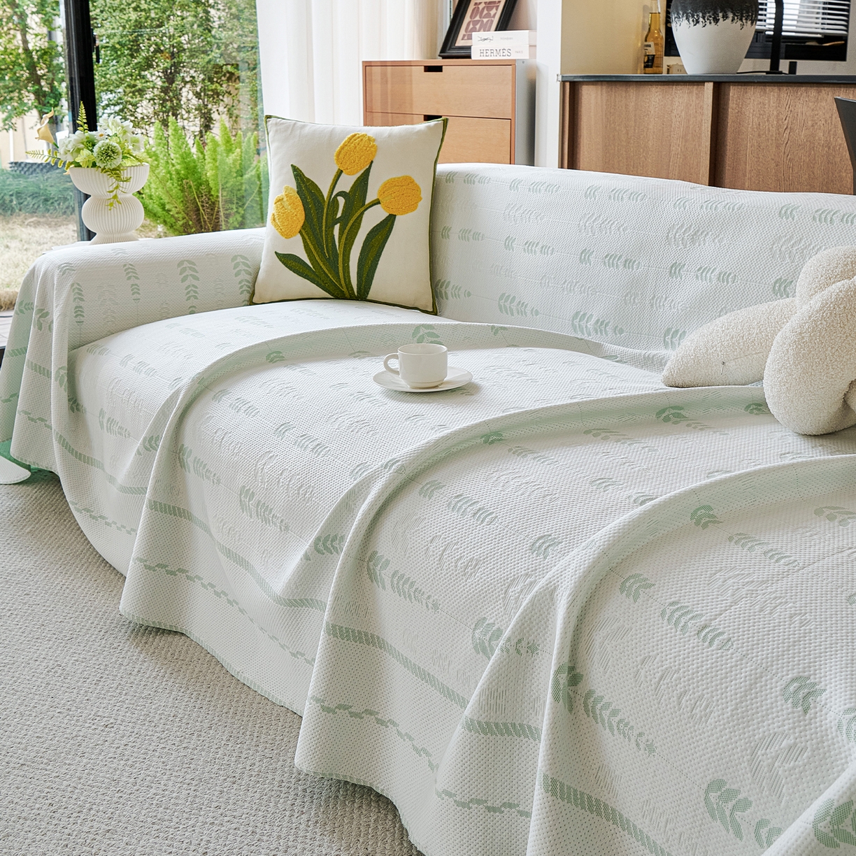 91家纺网 家纺一手货源 找家纺 卡初家居（原微来） 2026新款PE凉感冰丝沙发盖毯沙发巾系列 木槿-绿