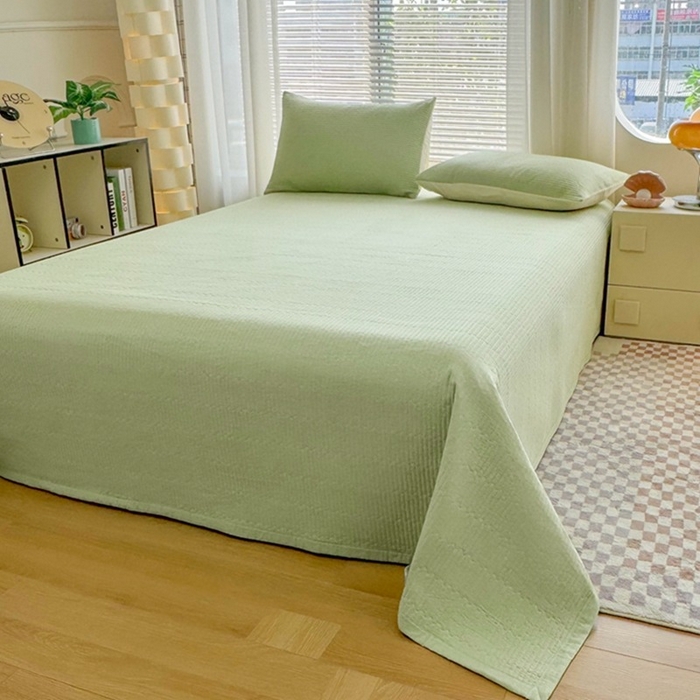 91家纺网 家纺一手货源 找家纺 梦精灵家纺 2026新款全棉床盖单件色织水洗棉绗缝夹棉床单 四季通用榻米防滑学生宿舍单人被套枕套 幻影绿