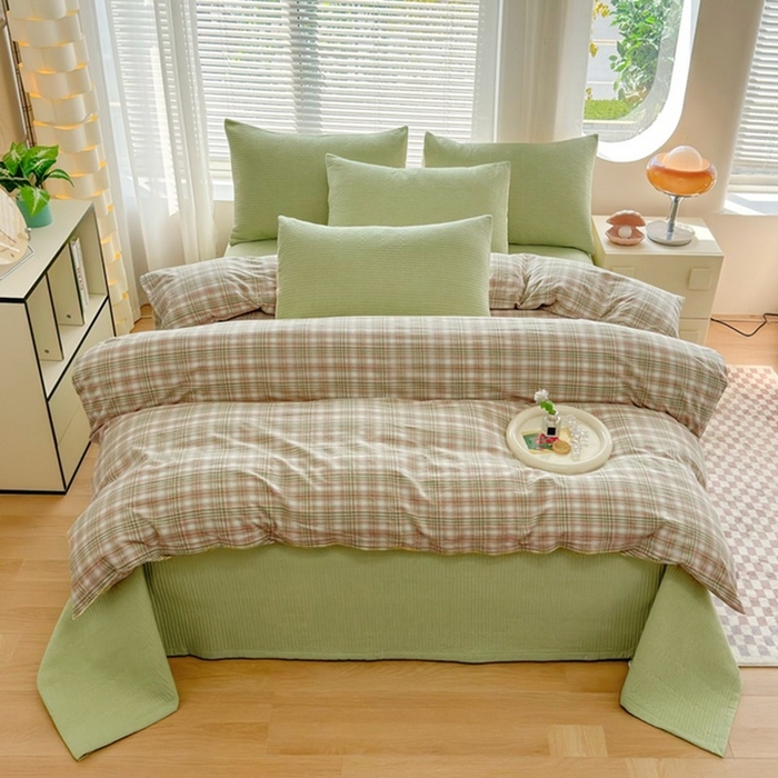 91家纺网 家纺一手货源 找家纺 梦精灵家纺 2026新款全棉床盖单件色织水洗棉绗缝夹棉床单 四季通用榻米防滑学生宿舍单人被套枕套 幻影绿