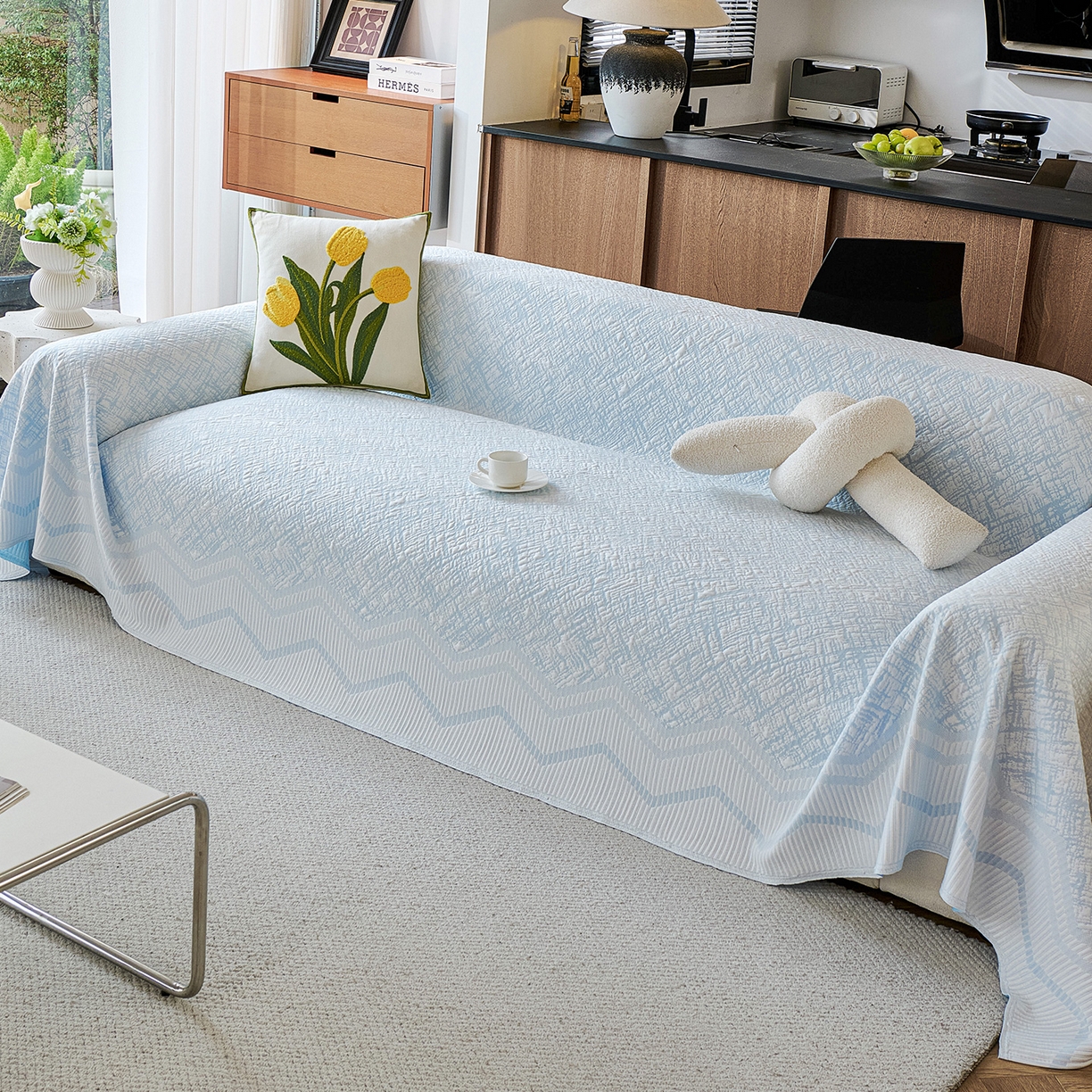 91家纺网 家纺一手货源 找家纺 卡初家居（原微来） 2026新款PE凉感冰丝沙发盖毯沙发巾系列 依恋-蓝