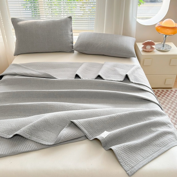 梦精灵家纺 2026新款全棉床盖单件色织水洗棉绗缝夹棉床单 四季通用榻米防滑学生宿舍单人被套枕套 雅灰