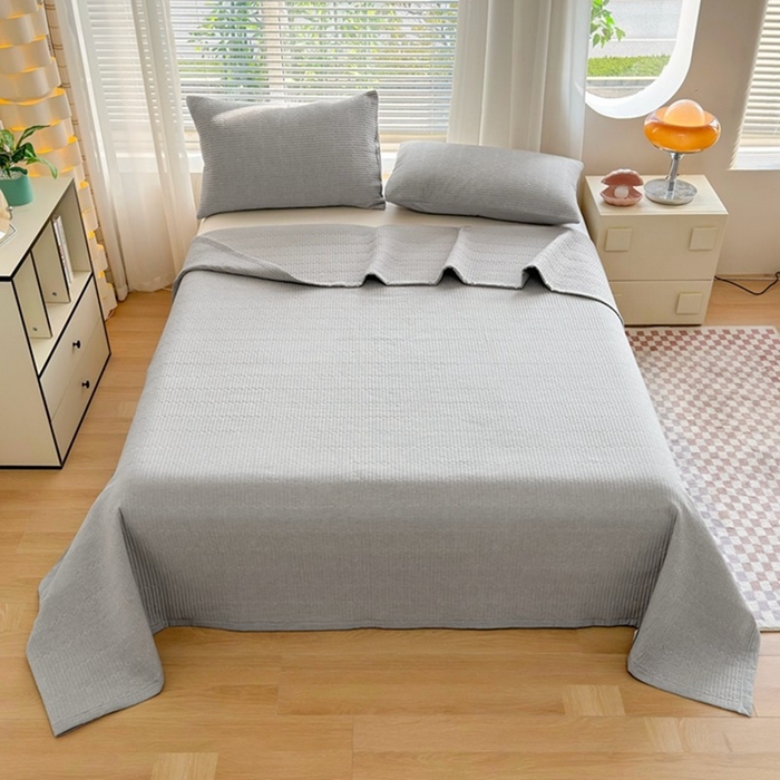 91家纺网 家纺一手货源 找家纺 梦精灵家纺 2026新款全棉床盖单件色织水洗棉绗缝夹棉床单 四季通用榻米防滑学生宿舍单人被套枕套 雅灰