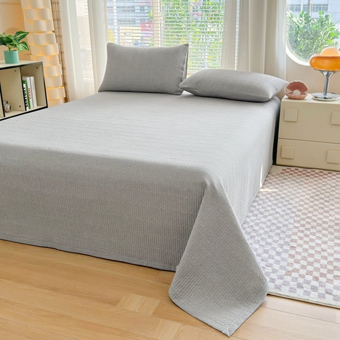91家纺网 家纺一手货源 找家纺 梦精灵家纺 2026新款全棉床盖单件色织水洗棉绗缝夹棉床单 四季通用榻米防滑学生宿舍单人被套枕套 雅灰