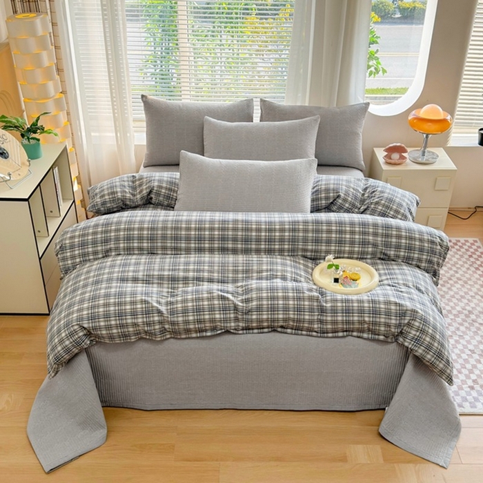 91家纺网 家纺一手货源 找家纺 梦精灵家纺 2026新款全棉床盖单件色织水洗棉绗缝夹棉床单 四季通用榻米防滑学生宿舍单人被套枕套 雅灰