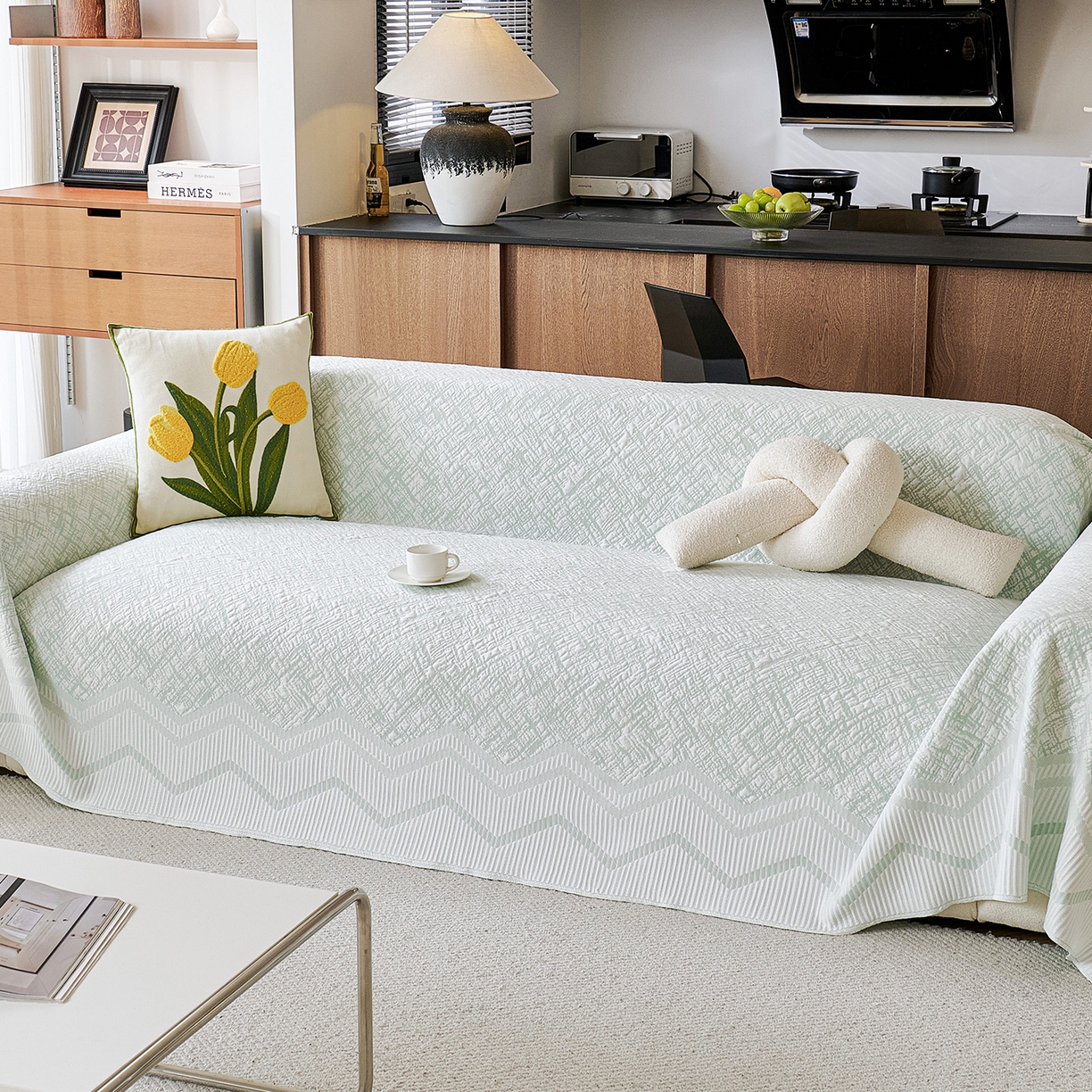 91家纺网 家纺一手货源 找家纺 卡初家居（原微来） 2026新款PE凉感冰丝沙发盖毯沙发巾系列 依恋-绿