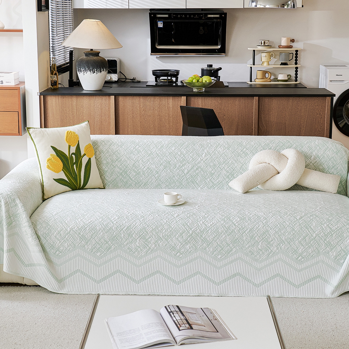 91家纺网 家纺一手货源 找家纺 卡初家居（原微来） 2026新款PE凉感冰丝沙发盖毯沙发巾系列 依恋-绿