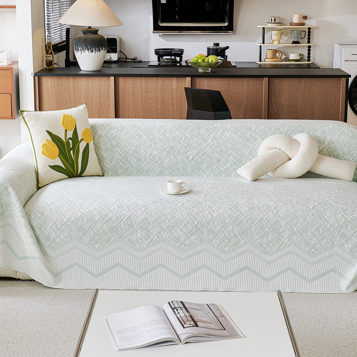 91家纺网 家纺一手货源 找家纺 卡初家居（原微来） 2026新款PE凉感冰丝沙发盖毯沙发巾系列 依恋-绿