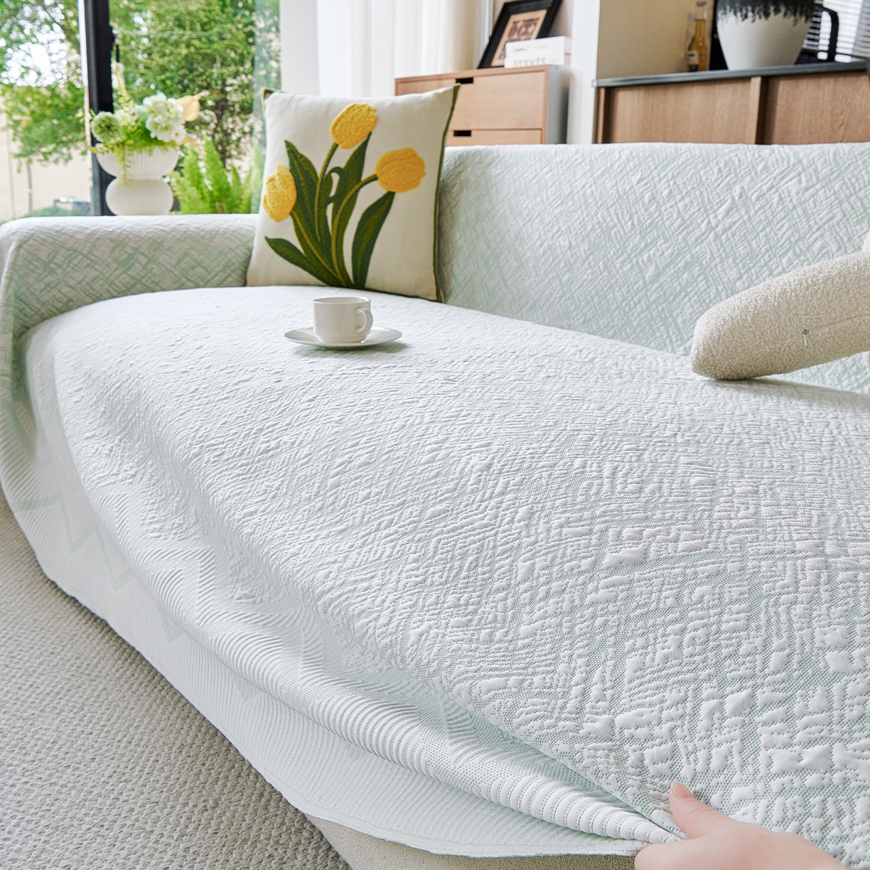 91家纺网 家纺一手货源 找家纺 卡初家居（原微来） 2026新款PE凉感冰丝沙发盖毯沙发巾系列 依恋-绿