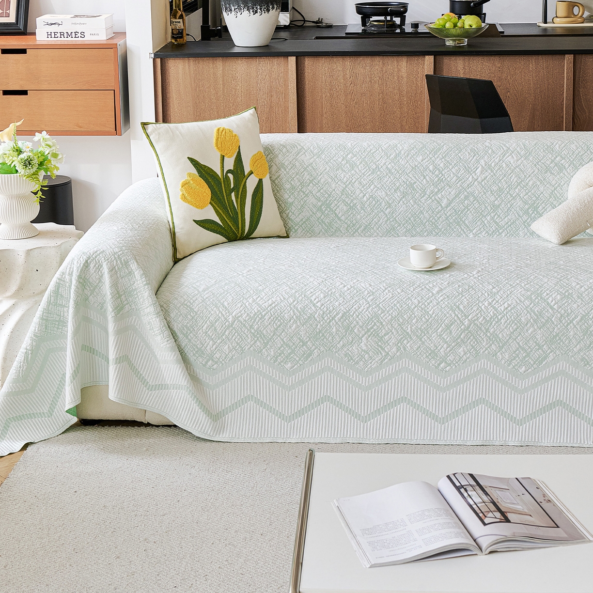 91家纺网 家纺一手货源 找家纺 卡初家居（原微来） 2026新款PE凉感冰丝沙发盖毯沙发巾系列 依恋-绿