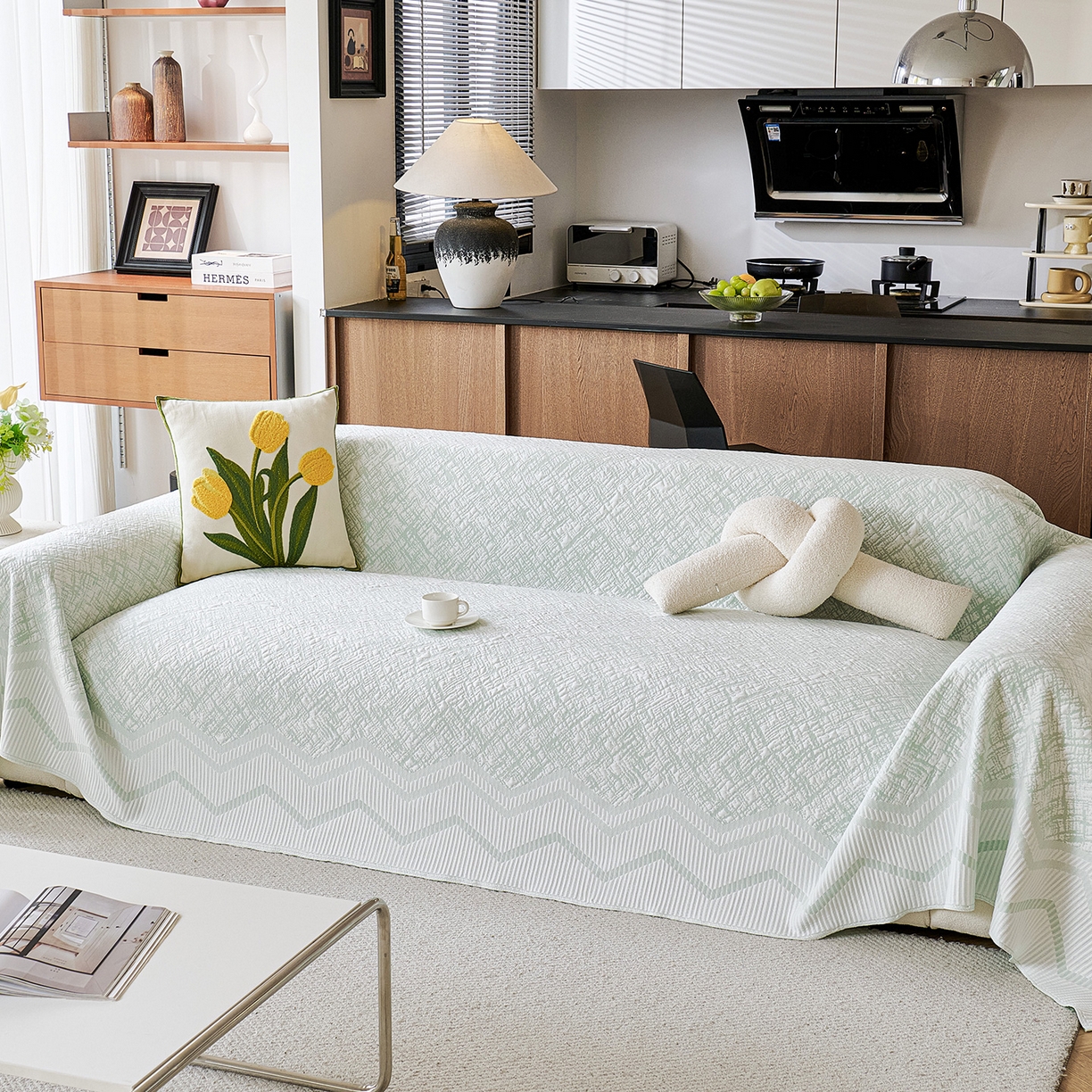 91家纺网 家纺一手货源 找家纺 卡初家居（原微来） 2026新款PE凉感冰丝沙发盖毯沙发巾系列 依恋-绿