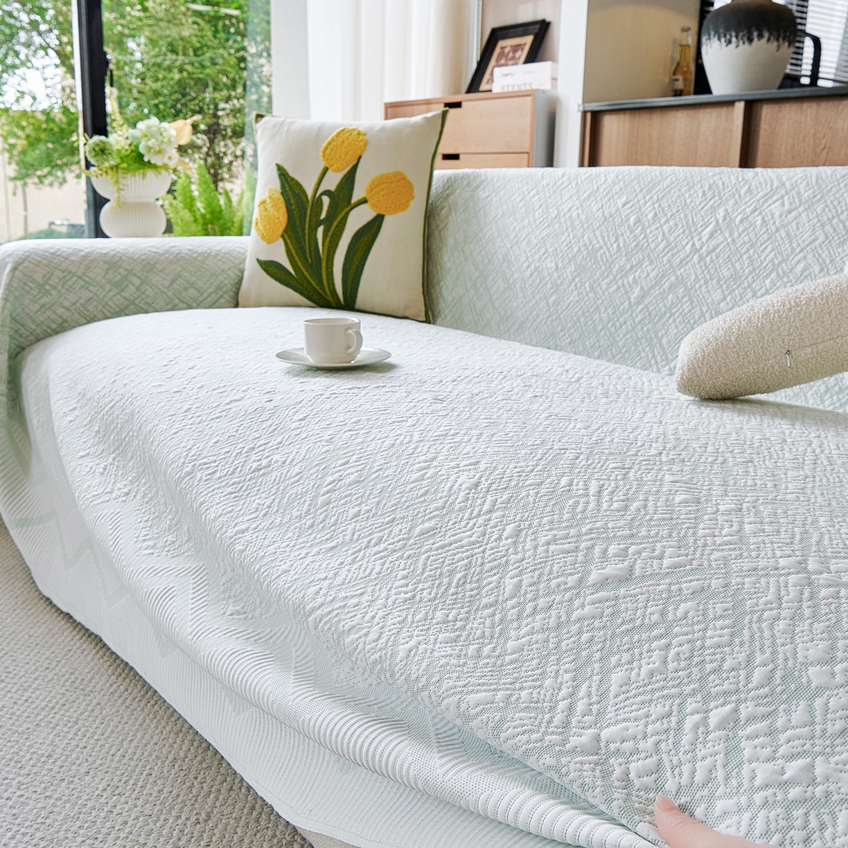 91家纺网 家纺一手货源 找家纺 卡初家居（原微来） 2026新款PE凉感冰丝沙发盖毯沙发巾系列 依恋-绿