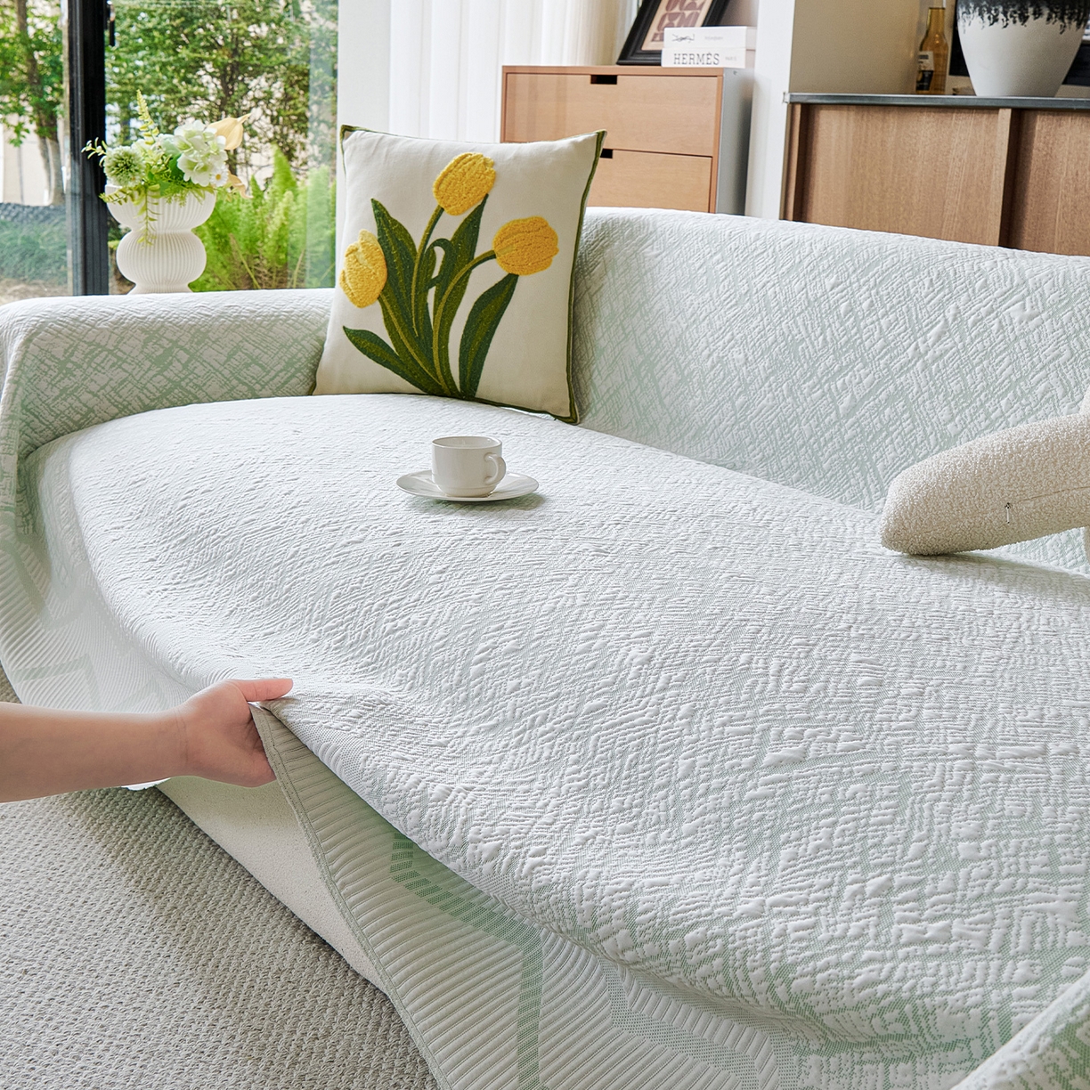 91家纺网 家纺一手货源 找家纺 卡初家居（原微来） 2026新款PE凉感冰丝沙发盖毯沙发巾系列 依恋-绿