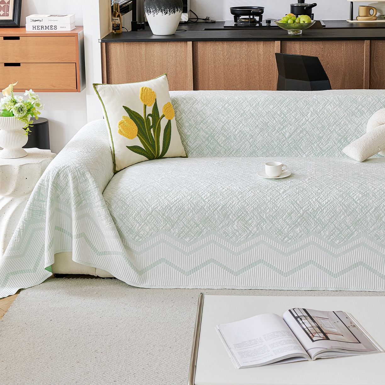 91家纺网 家纺一手货源 找家纺 卡初家居（原微来） 2026新款PE凉感冰丝沙发盖毯沙发巾系列 依恋-绿