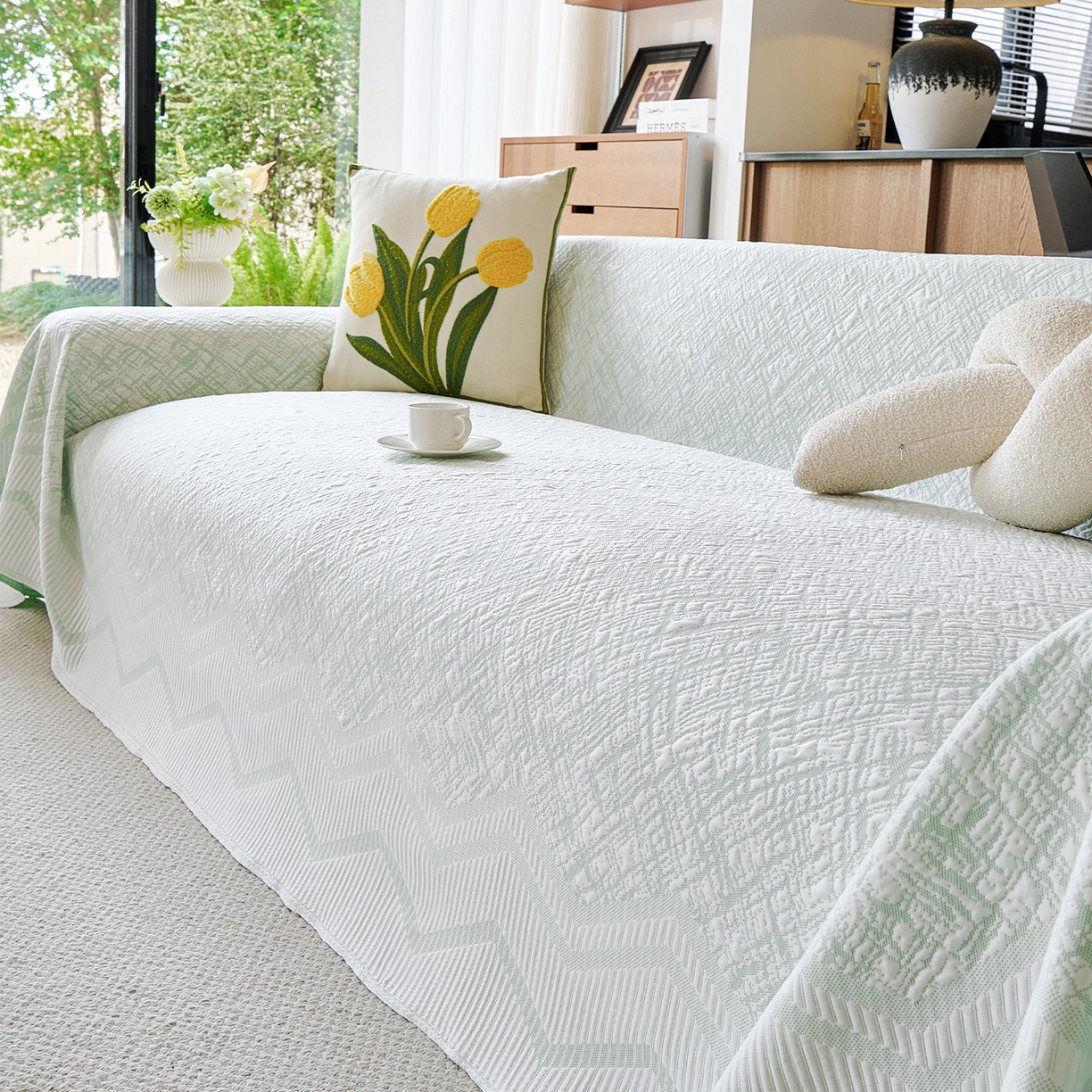 91家纺网 家纺一手货源 找家纺 卡初家居（原微来） 2026新款PE凉感冰丝沙发盖毯沙发巾系列 依恋-绿