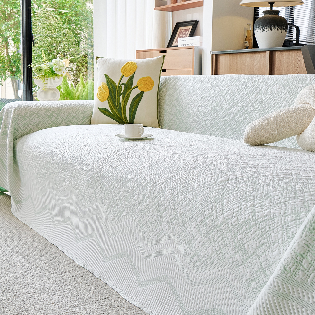 91家纺网 家纺一手货源 找家纺 卡初家居（原微来） 2026新款PE凉感冰丝沙发盖毯沙发巾系列 依恋-绿