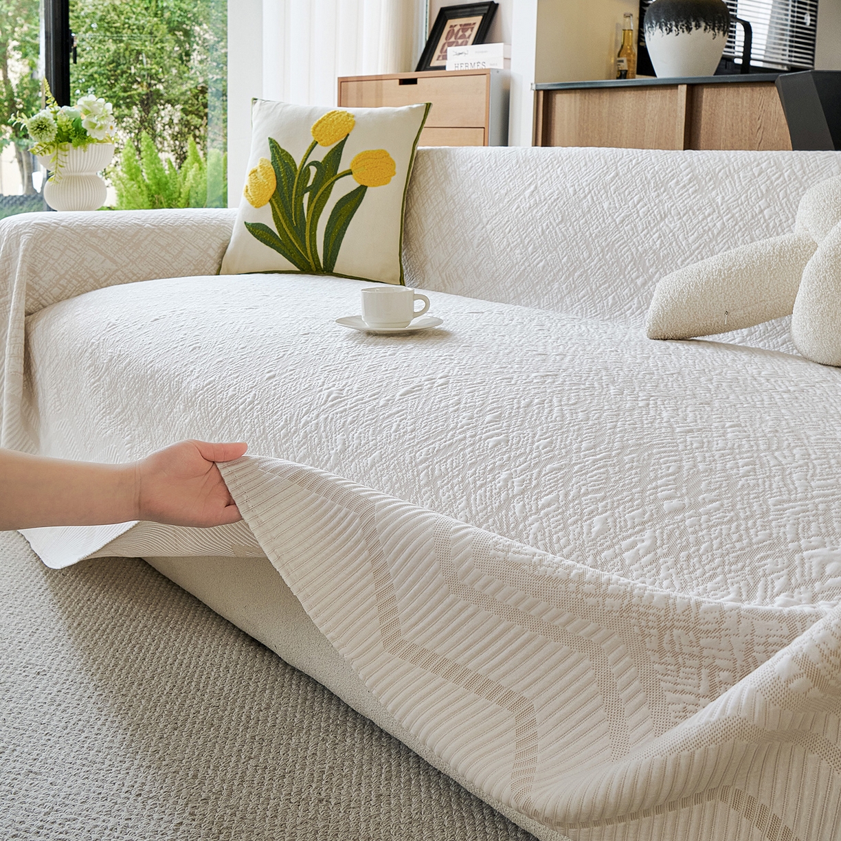 卡初家居（原微来） 2026新款PE凉感冰丝沙发盖毯沙发巾系列 依恋-米
