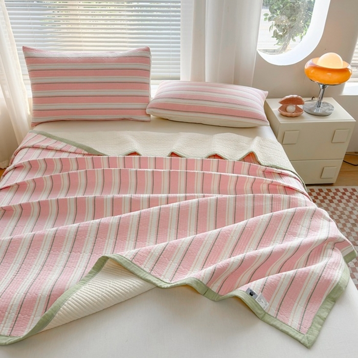 梦精灵家纺 2026新款全棉床盖单件色织水洗棉绗缝夹棉床单 四季通用榻米防滑学生宿舍单人被套枕套 左岸粉