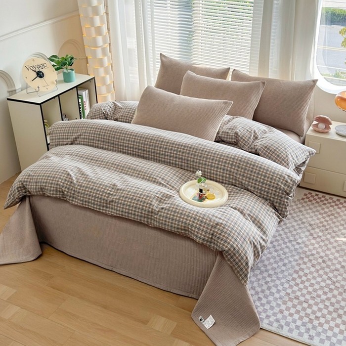 91家纺网 家纺一手货源 找家纺 梦精灵家纺 2026新款全棉床盖单件色织水洗棉绗缝夹棉床单 四季通用榻米防滑学生宿舍单人被套枕套 棕咖